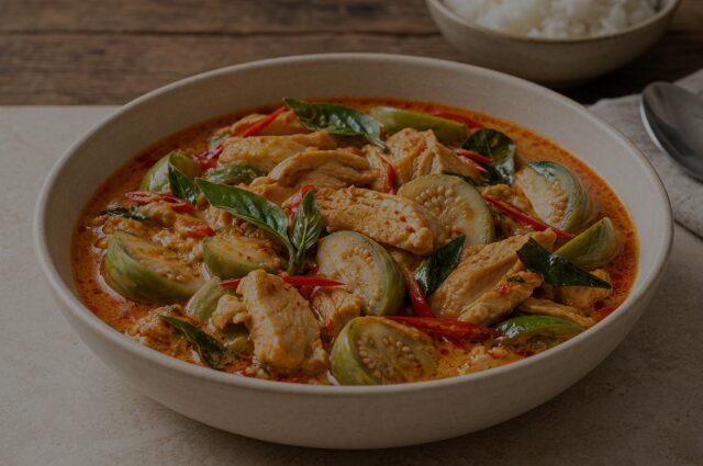 640x425 Curried chicken & baby aubergines